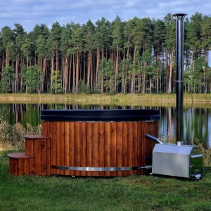 Koupací sud s externím ohřevem Elite O-sud s kamny z nerezové oceli v přírodě